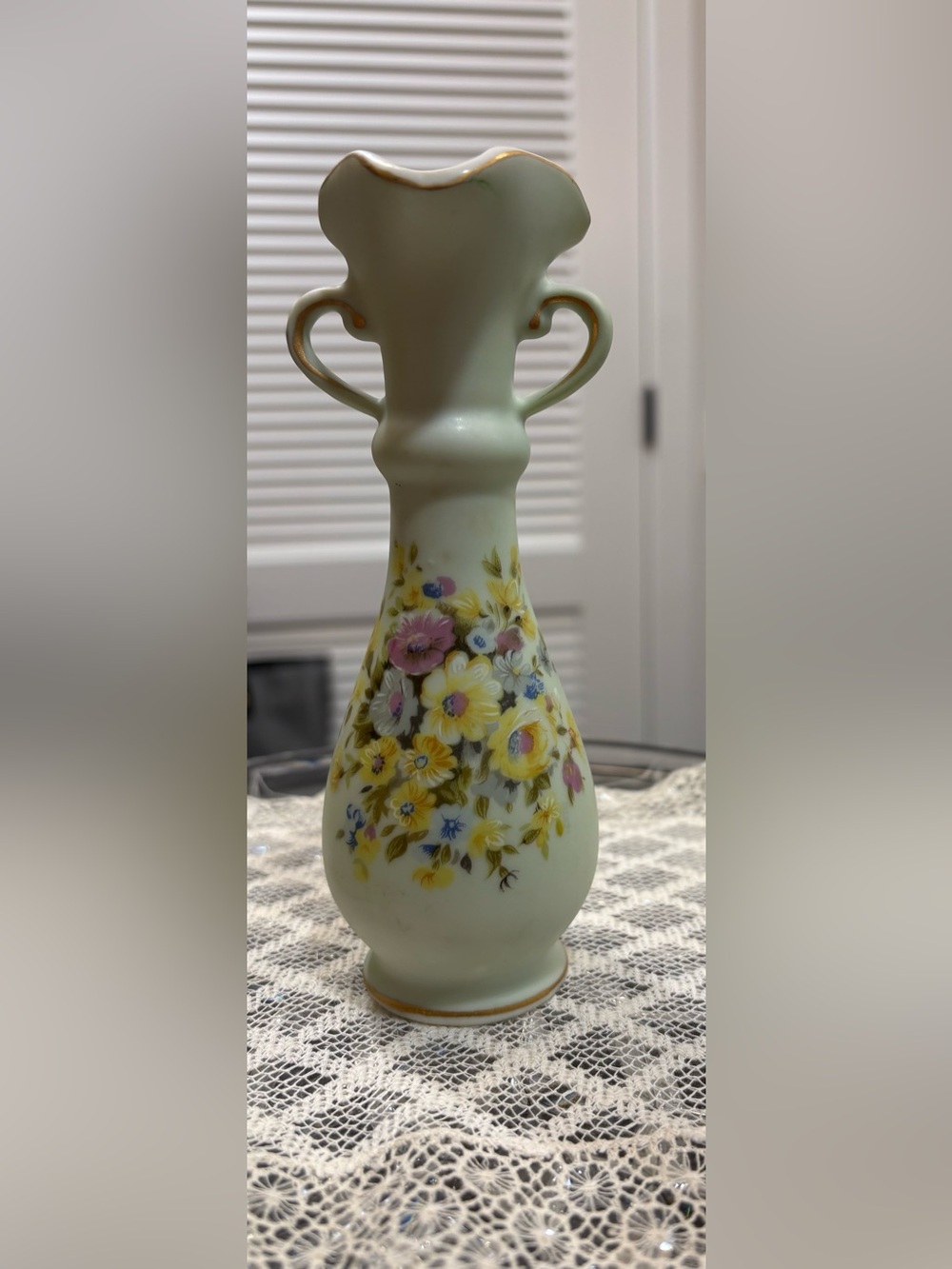 Lefton Pale Green Hand Painted Floral Porcelain Vase with Gold Trim